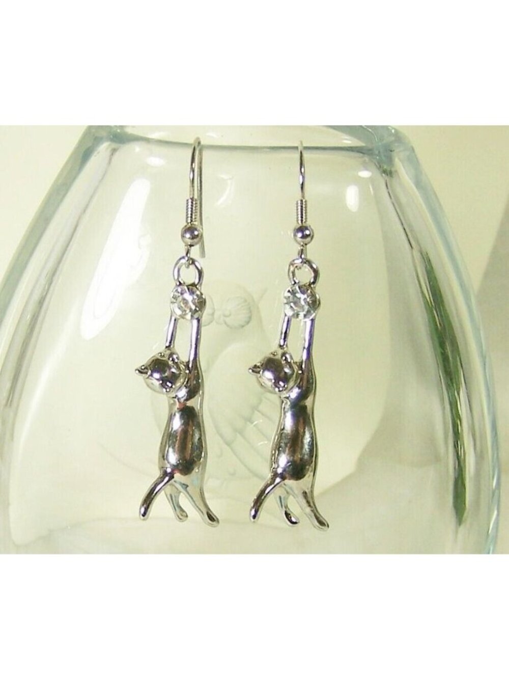 Kitty Cat Earrings CZ Cubic Zirconia Hang In There Silver Tone Necklace Fashion